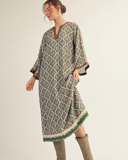 Boho Green & Brown Accent Floral Long Flare Sleeve Midi VNeck Dress