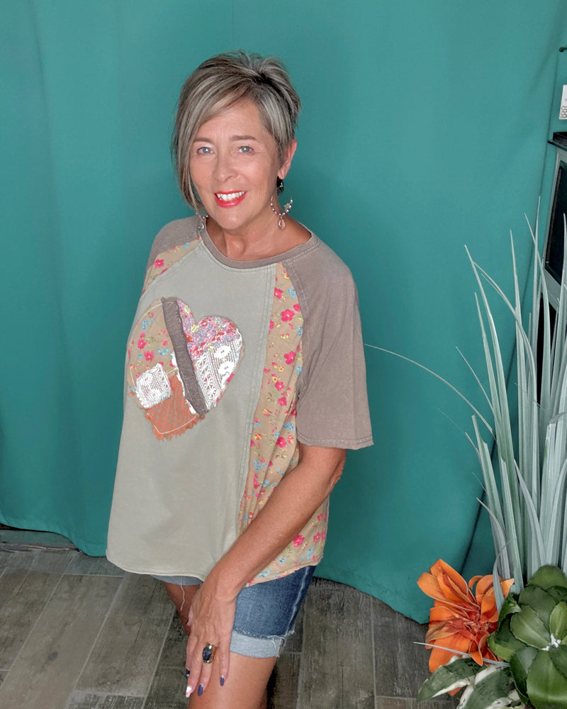 Brown & Khaki Heart Patch Mix & Match Mineral Wash Short Sleeve Top