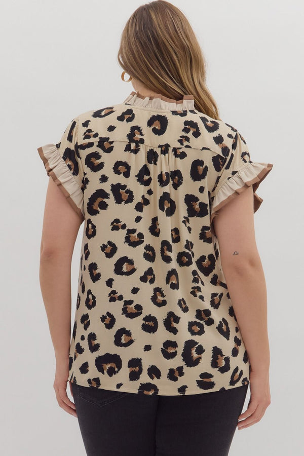 Plus Size Tan & Black Ruffle Neck & Short Cap Sleeve Top