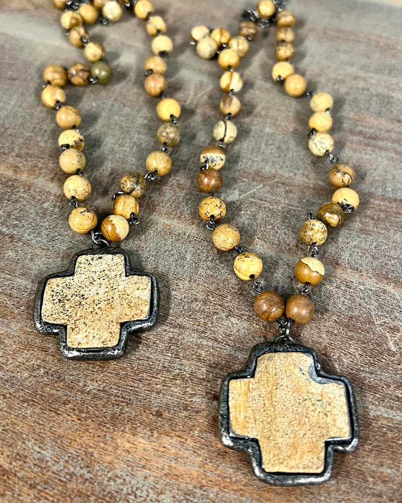 Reddish Brown, Tan or Gray Beaded Necklace with Stone Cross Pendant