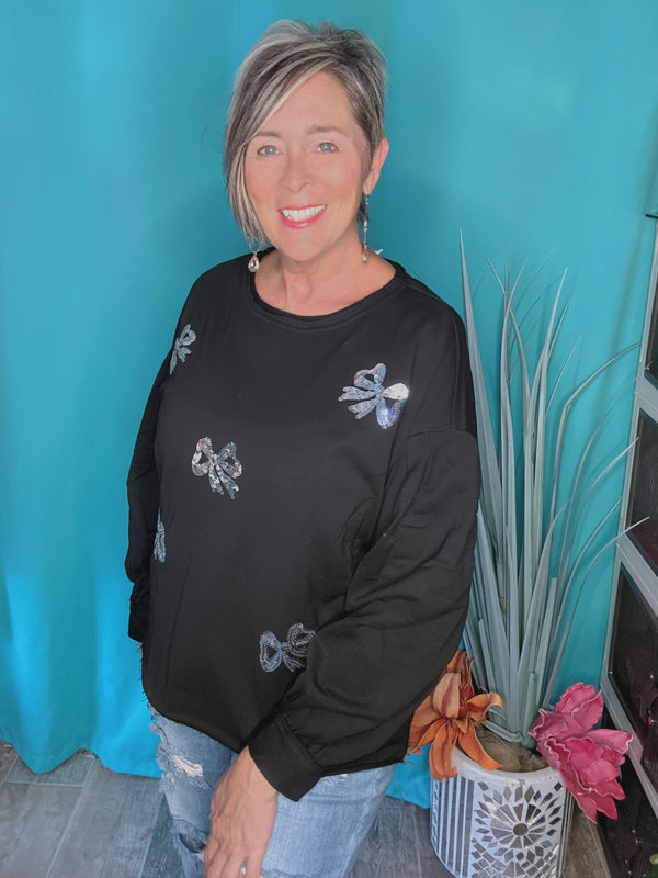 Black Pullover Long Sleeve Sweatshirt w/Sequin Bows