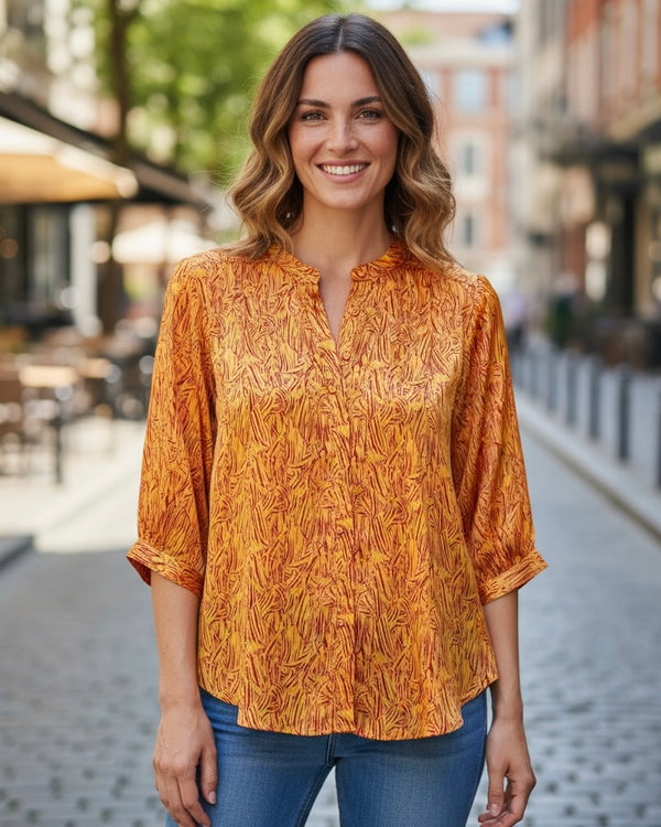 Citrus Gold Wheat Print Button Down Dolman Sleeve Blouse