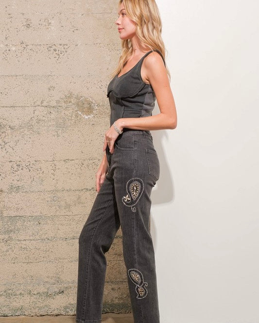 Black Mid Rise Paisley Rhinestone Embellished Skinny Stretch Denim Jeans