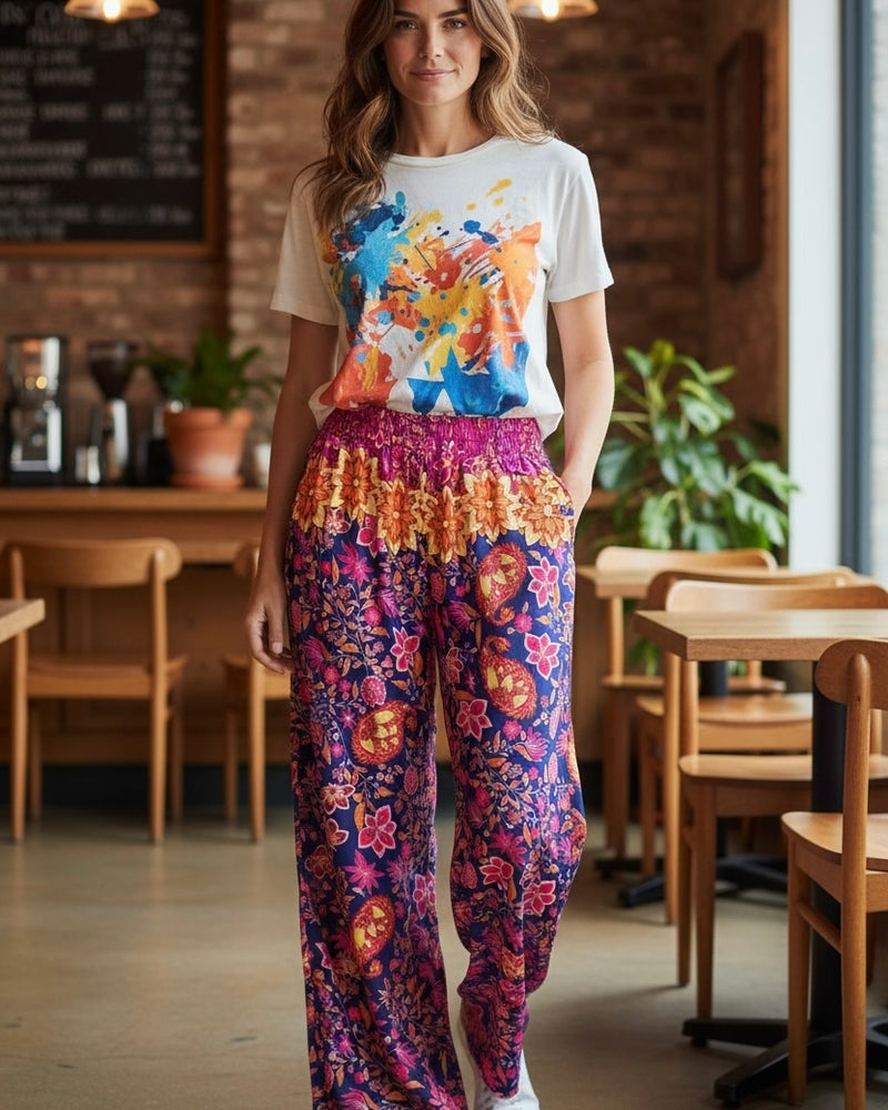 Bohemian Boho Style Black & Multicolor Floral Print Elastic Waist Wide Leg Pant