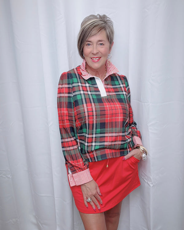 Red, White & Black Plaid Long Sleeve Contrast Stripe Ruffle Neck Blouse Top