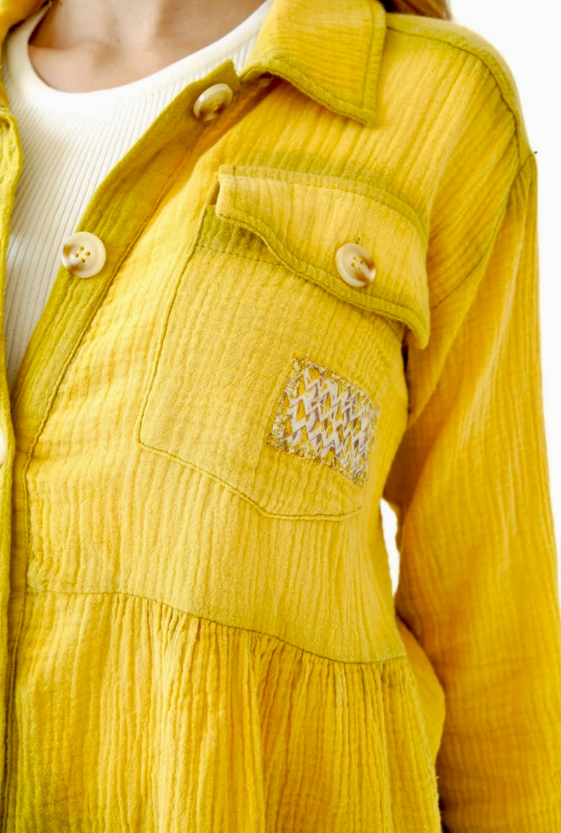 Boho Yellow Gold Gauze Long Sleeve Button Front Babydoll Peplum Style Top