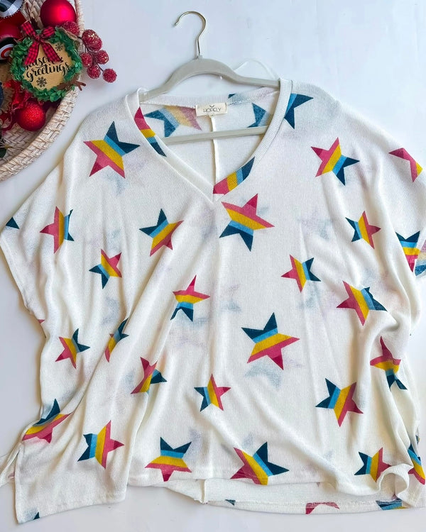 White Sweater with Multicolor Rainbow Stars Boxy Soft Light Knit Sweater Top