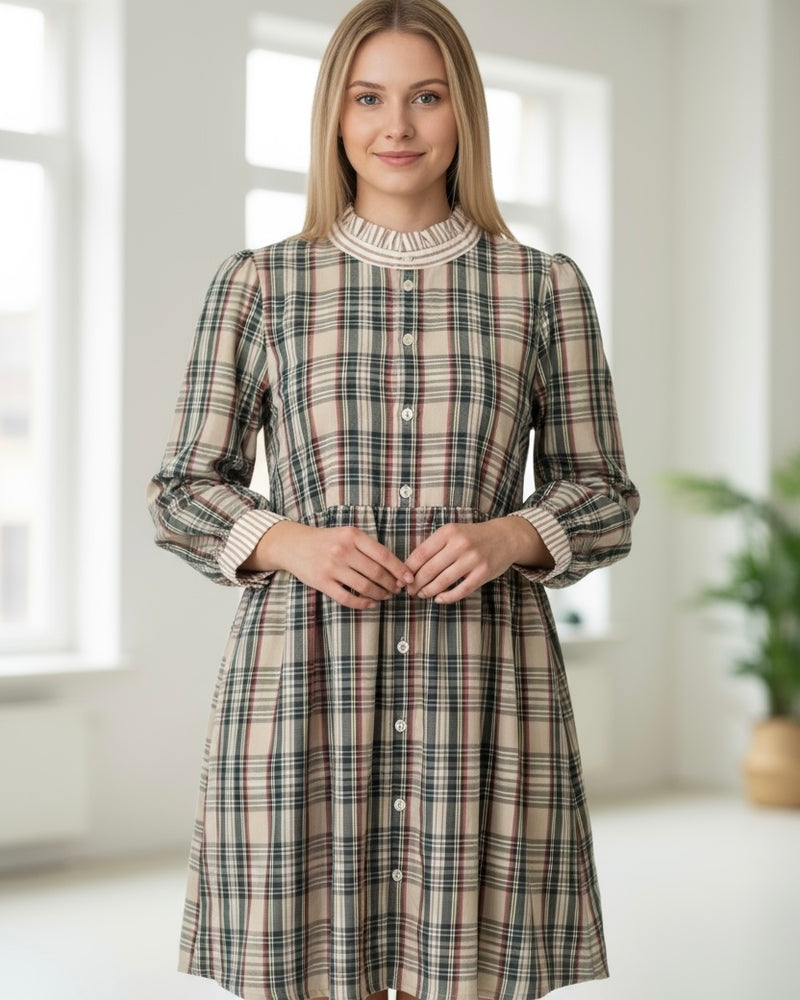 Navy Blue Plaid or Tan Plaid Long Sleeve Contrast Button Neck Dress