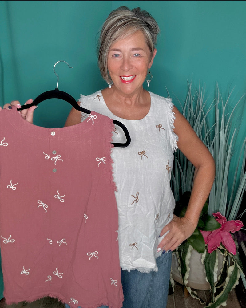 Khaki Cream or Rose Mauve Linen Blend Bow Ribbon Embroidery Sleeveless Fray Hem Tank Top