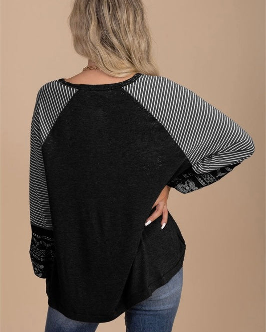 Solid Black Contrasting Stripes & Lace Long Sleeve Pullover Top