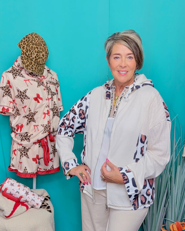 Cream & Leopard Animal Print Textured Long Sleeve Hoodie Zip Front Top