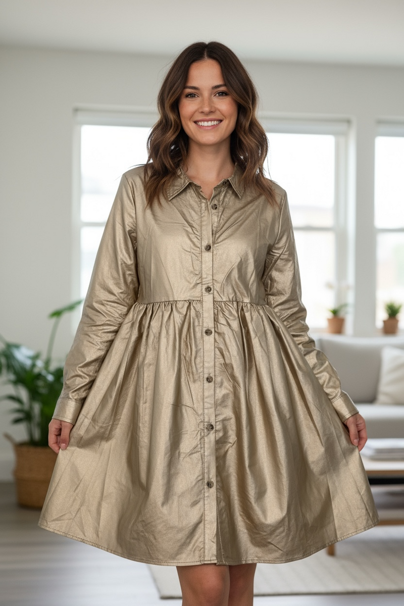 Solid Gold Metallic Pleather Long Sleeve Button Down Dress