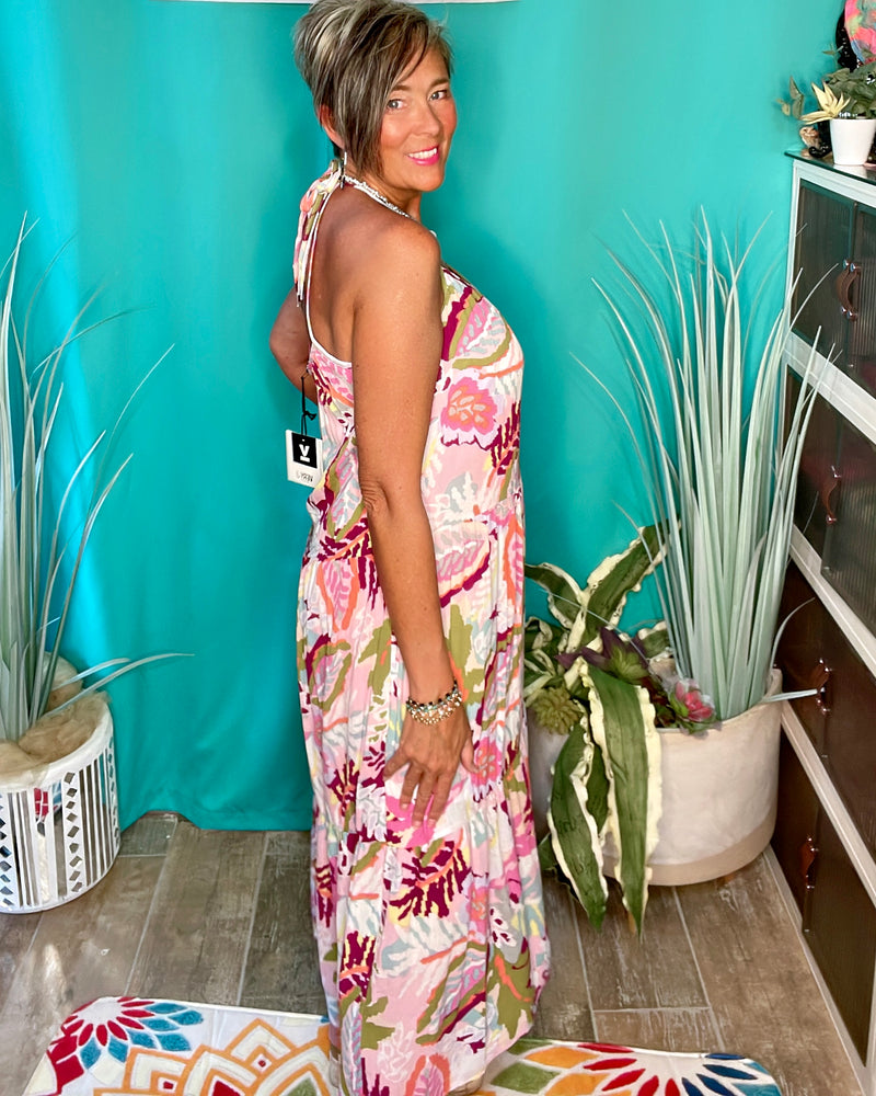 Pink Tone Tropical Print Sleeveless MIDI Sundress