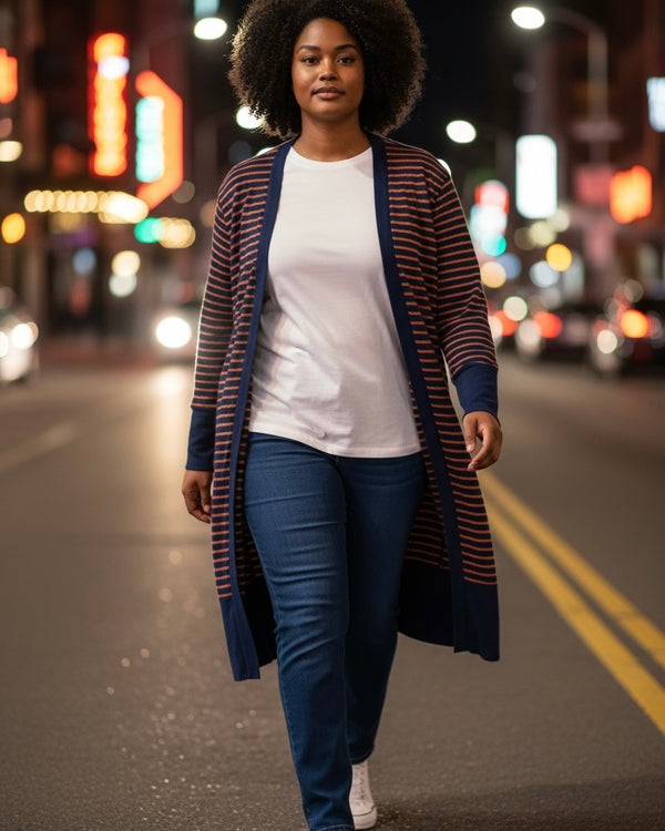 Navy Blue & Brown Stripe Open Front Long Sweater Cardigan