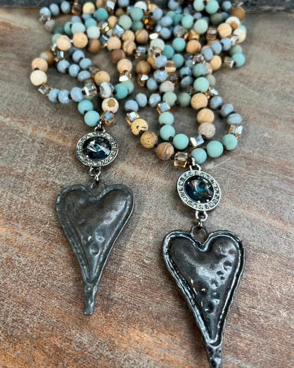 Long Brown & Black, White & Black Tone or Blue & Neutral Tone Beaded Necklace with Double Drop Pendants with Rhinestones and Metal Heart