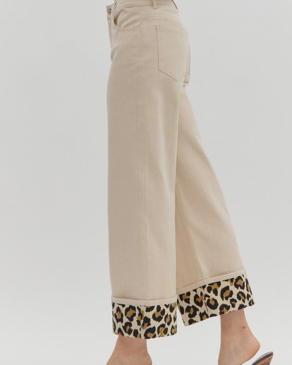 Brown or Khaki Leopard Cuff High Waist Button Fly Wide Leg Pants