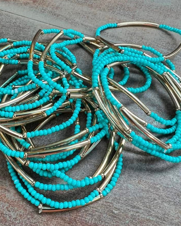 Set of 6 Turquoise & Silver Tone Color Bead Stretch Bracelets
