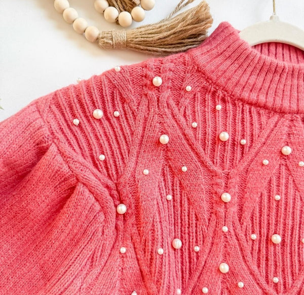 Salmon Pink Rust High Roll Neck Cable Knit Long Sleeve Pearl Embellished Sweater