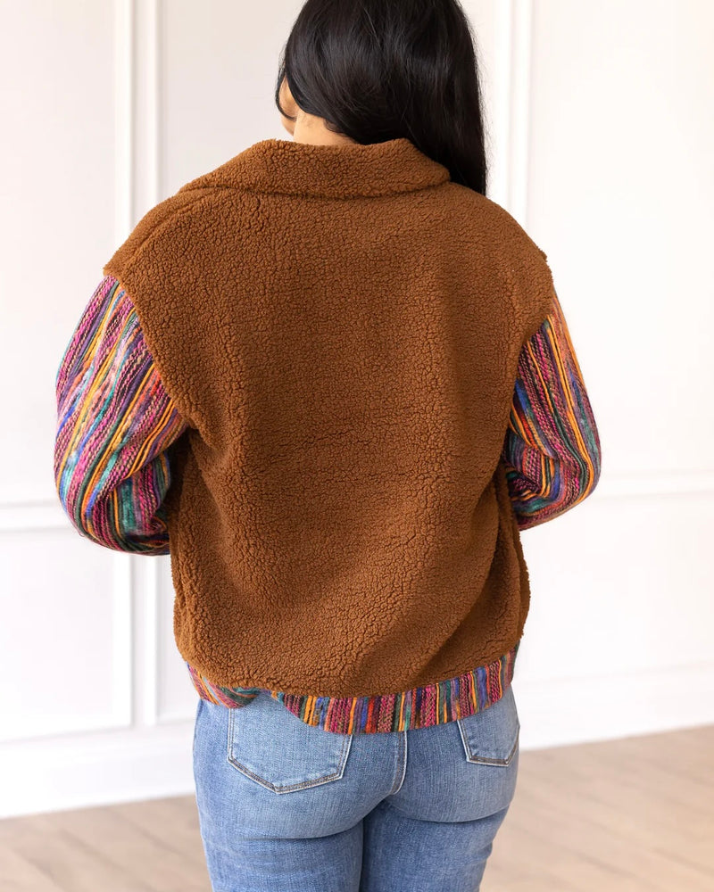 FALL Brown Sherpa Contrast Sleeve Button Front Jacket