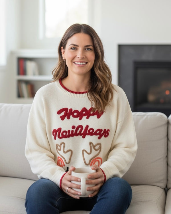 Cream Embroidery "Happy New Year" Reindeer Sweater Top