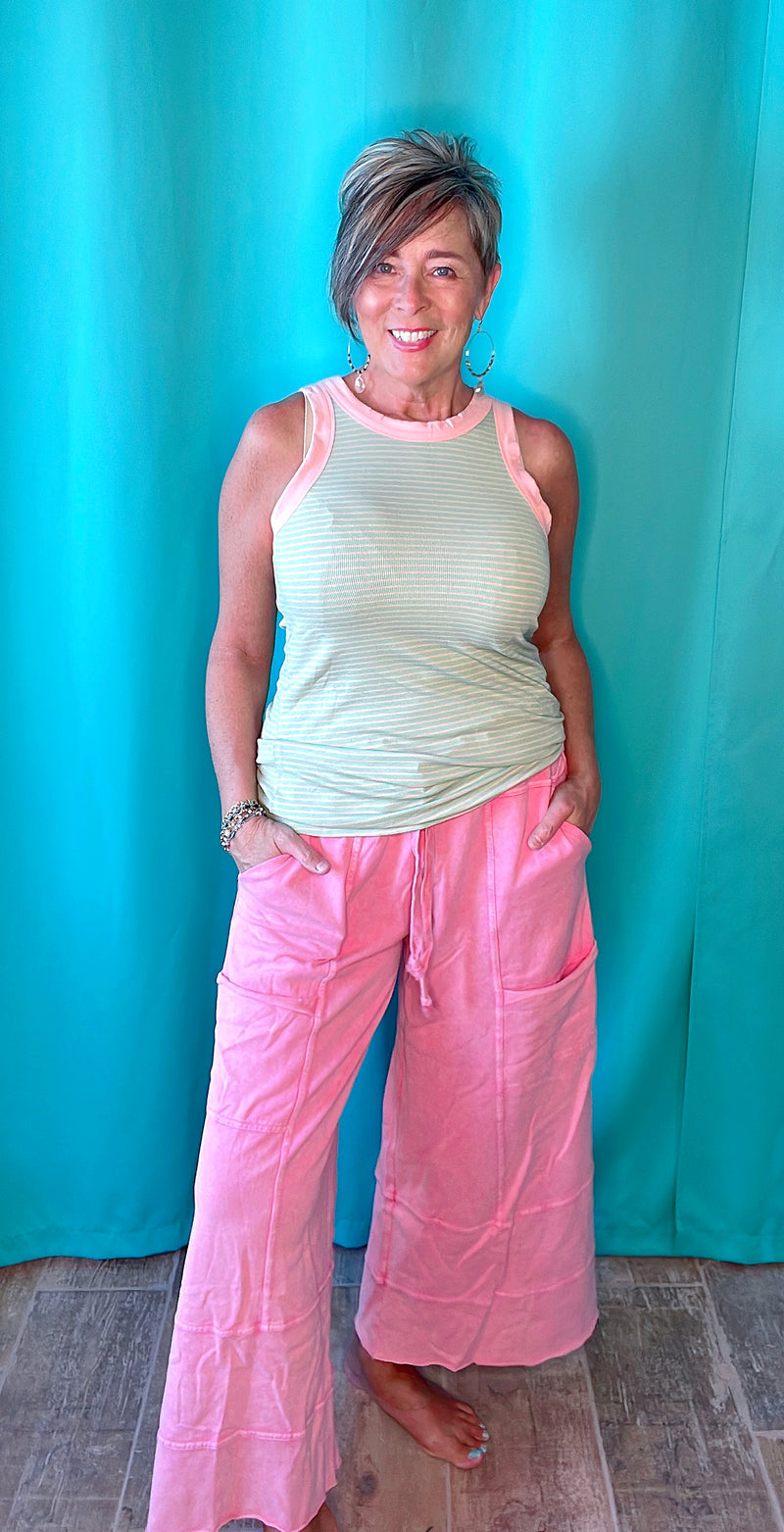 Pink, Purple/Plum or Green Mineral Washed Terry Knit Wide Leg Cargo Lounge Pants