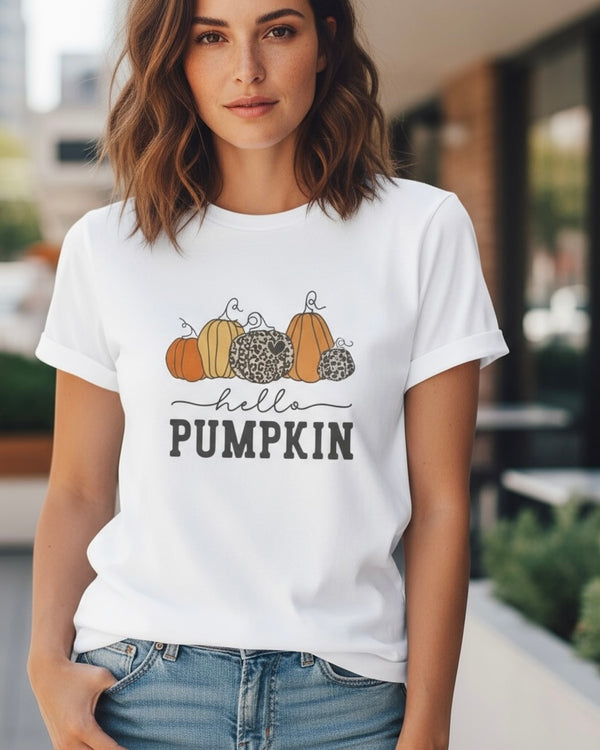 White with “Hello Pumpkin” Fall Orange & Leopard Pumpkin Short Sleeve T-Shirt Top