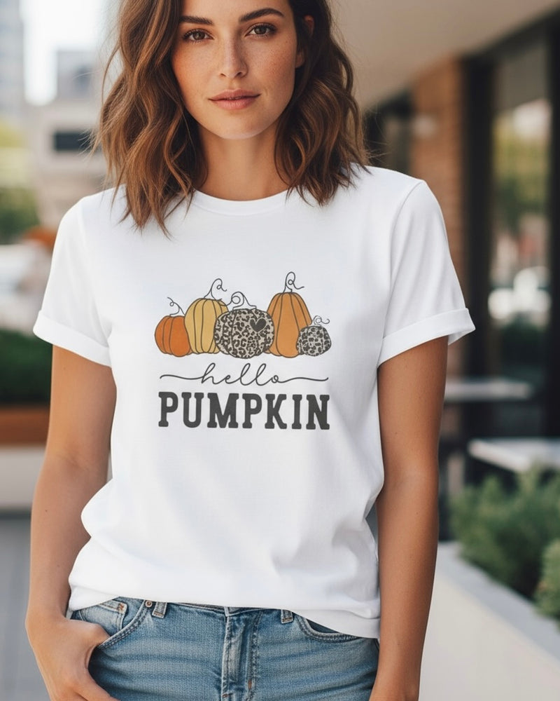 White with “Hello Pumpkin” Fall Orange & Leopard Pumpkin Short Sleeve T-Shirt Top