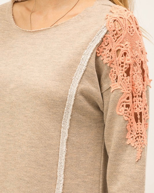 Boho Khaki Oatmeal Lace Inset Shoulder Terry Sweatshirt Top