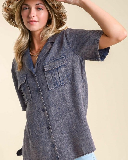 Blue Mineral Wash Linen Button Down Short Sleeve Top