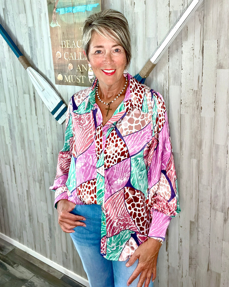 Pink & Turquoise Multi Mix Media Animal Leopard Block Print Satin Long Sleeve Blouse