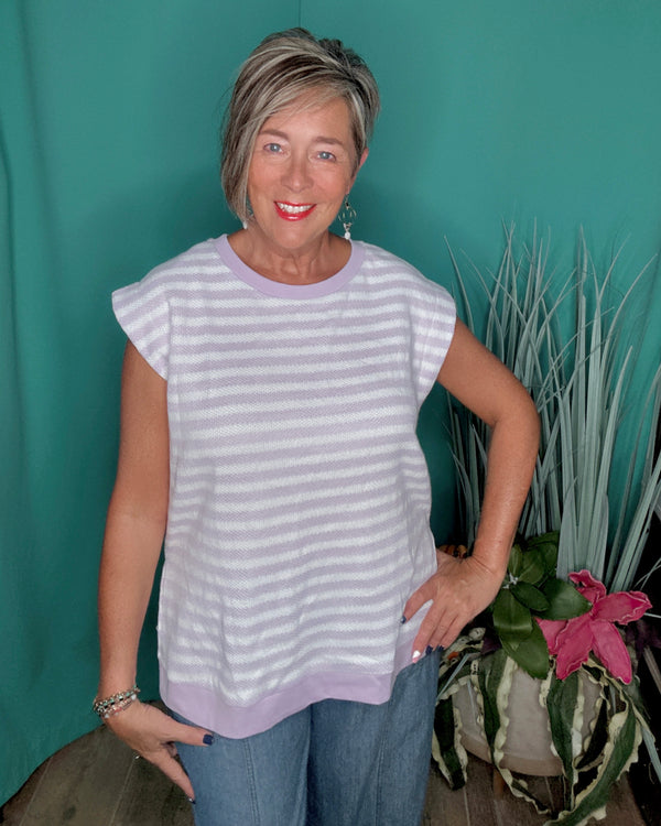Lavender Purple and White Stripe Textured Sleeveless Top
