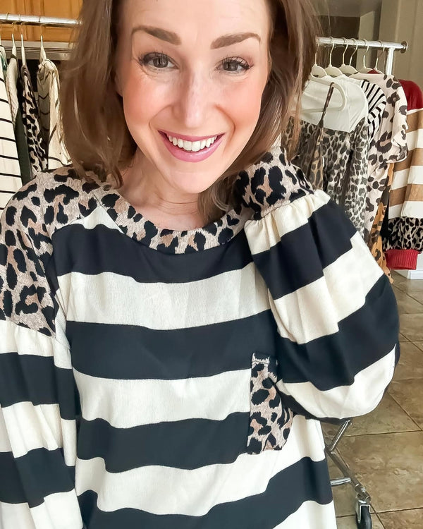 Black and White Striped Pullover with Long Sleeve Leopard Accent