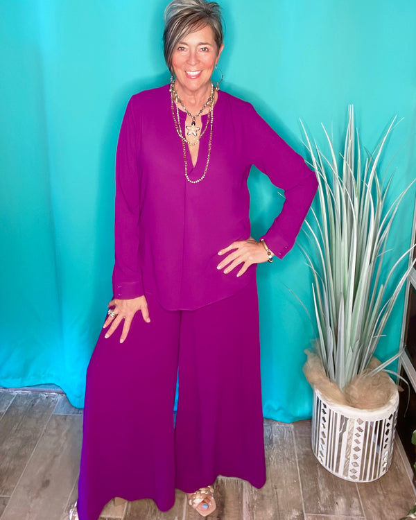 Purple Open VNeck Long Sleeve Blouse