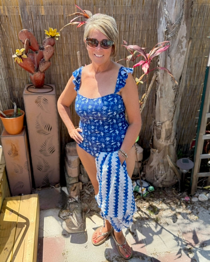 Sailing Away 1 pc Blue & White Nautical Swimsuit