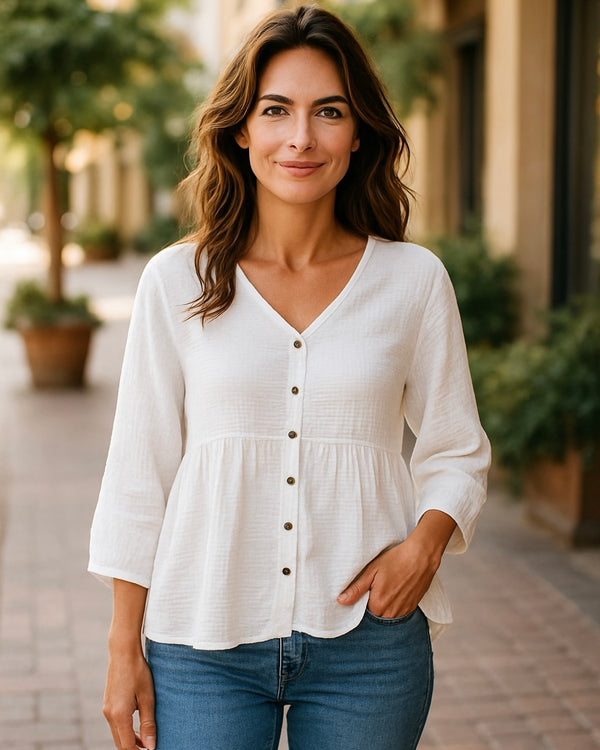 Solid White Long Balloon Sleeve Button Front Gauze Top