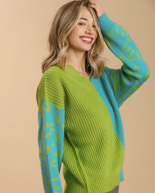 Two Tone Green & Blue Color Block VNeck Knit Leopard Print Sleeve Pullover Sweater