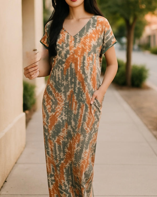 Olive/Rust or Blue/Brown Tie Dye Side Slit Short Cap Sleeve Maxi Jersey Dress
