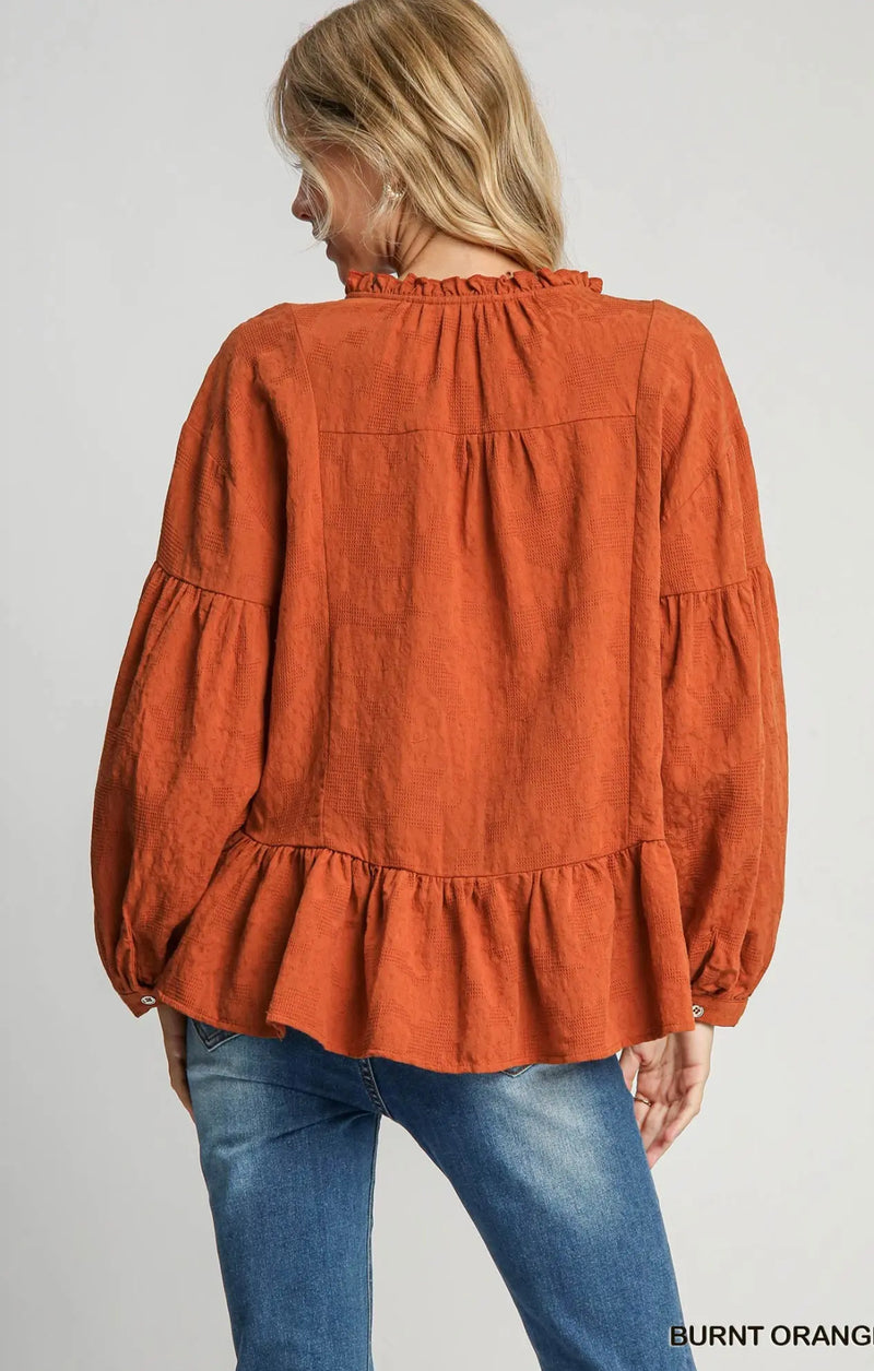 Plus Size Burnt Orange Textured Babydoll Long Balloon Sleeve Tie Top
