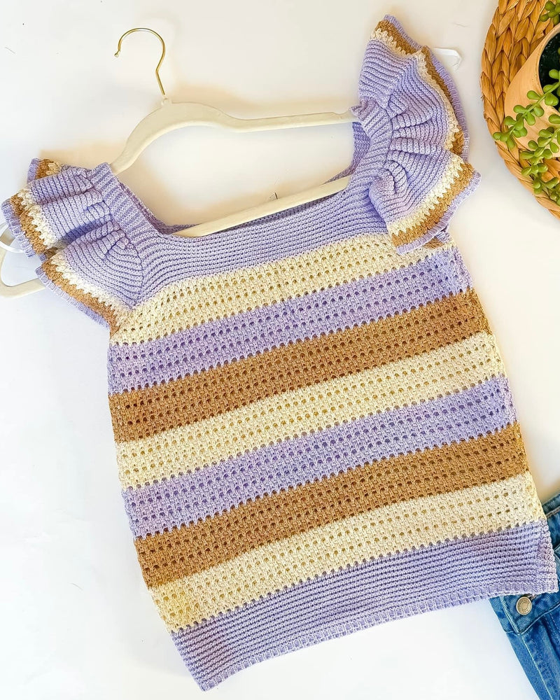 Purple, Brown & Cream Stripe Short Ruffle Cap Sleeve Knit Sweater