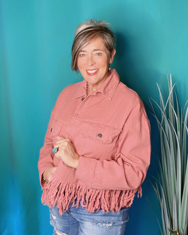 Pink Frayed Fringe Detail Waist Style Denim Jacket