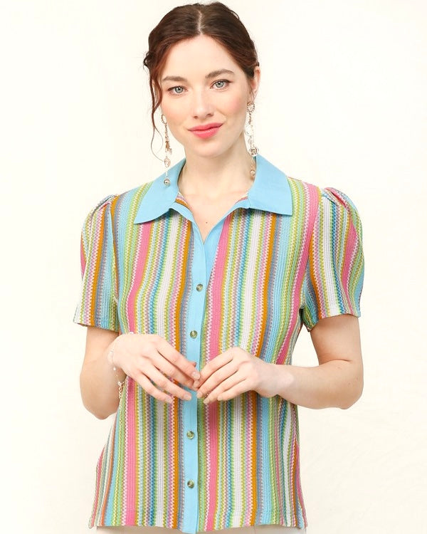 S-2X Blue Multicolor Striped Puff Sleeve Collared Button Down Top