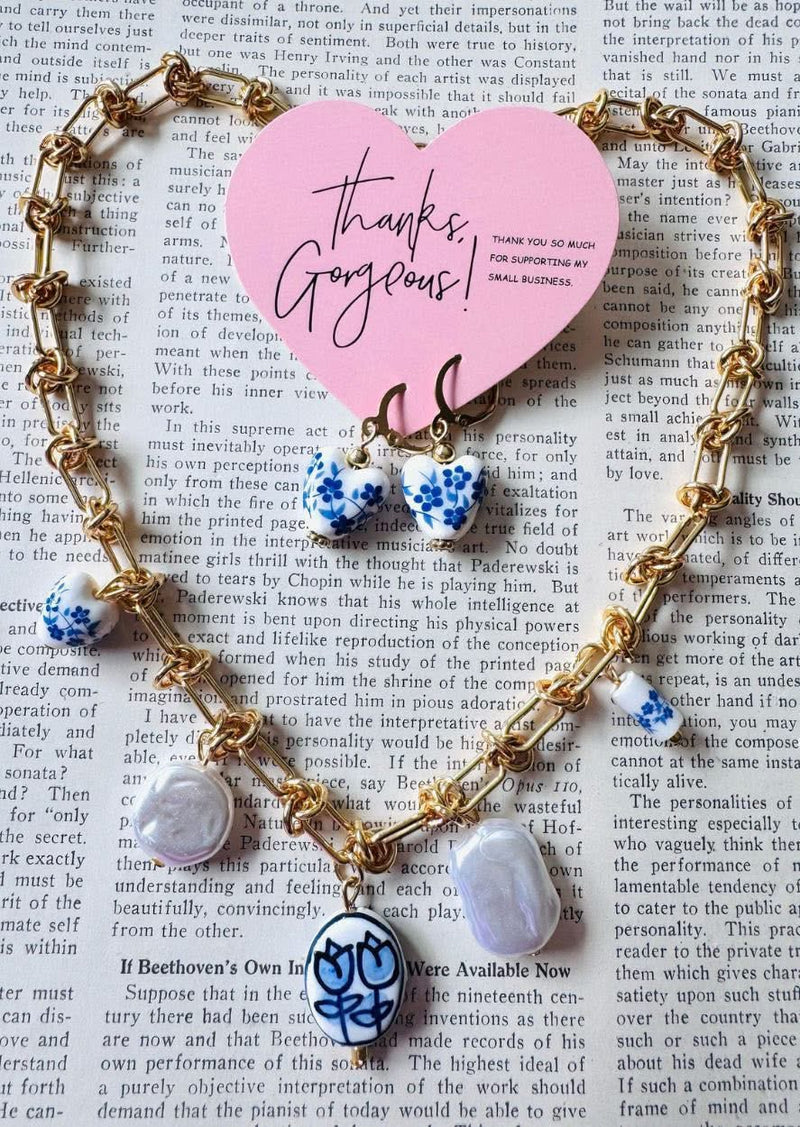 Blue & White Gold Chain Short Necklace, Earring & 4 Pc Stretch Bracelet WWJD Set