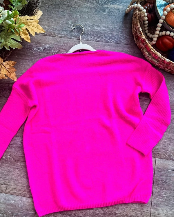 Hot Pink Fuschia Long Sleeve Knit Tunic Sweater Top