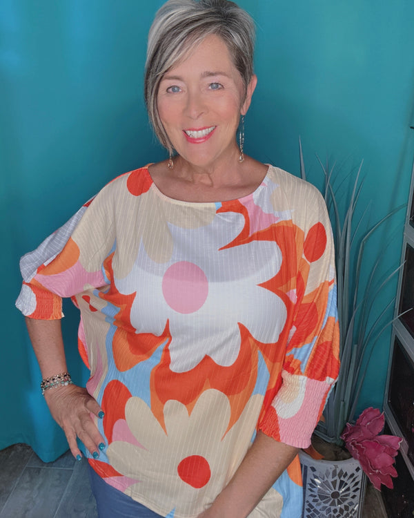 Bright Retro White, Orange & Yellow Flower 3/4 Smock Sleeve Textured Top