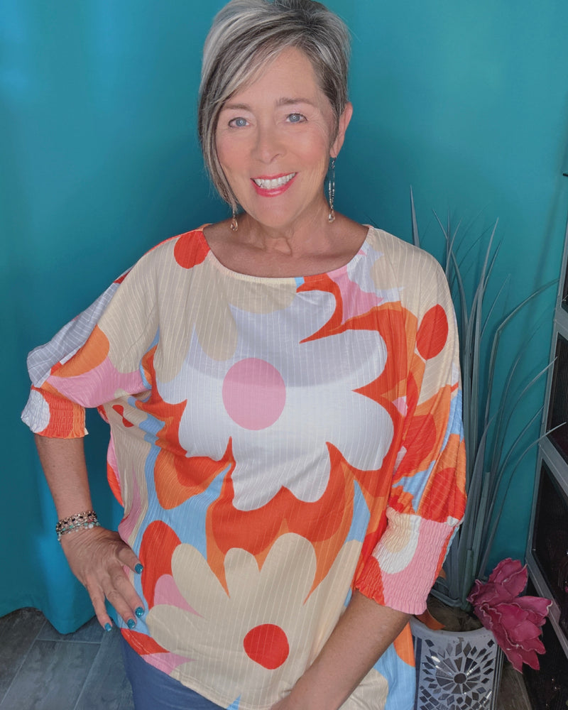 Bright Retro White, Orange & Yellow Flower 3/4 Smock Sleeve Textured Top