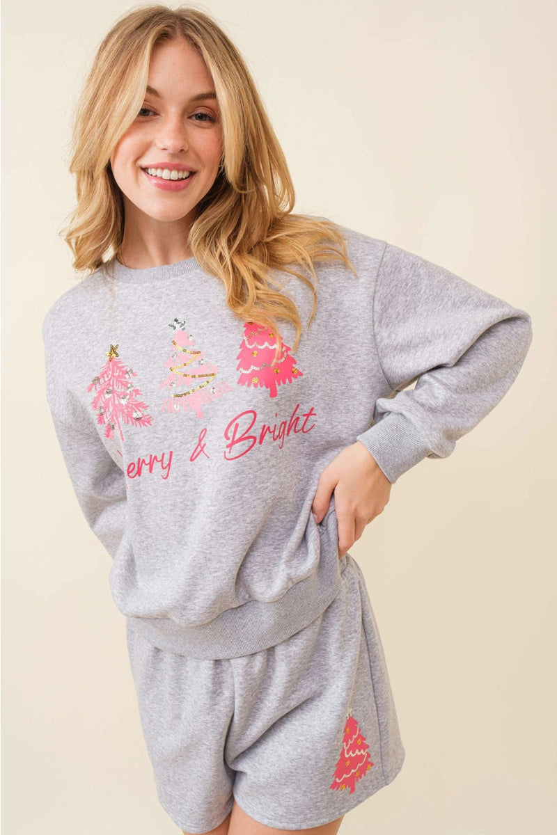 Heather Gray "Merry & Bright" Christmas Holiday 2 pc Short Lounge Set