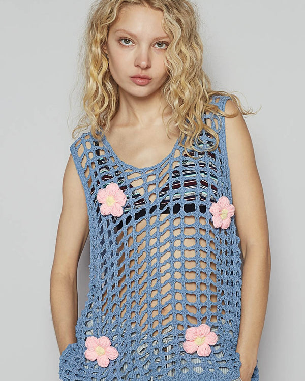 Blue Hollowed Out Sleeveless Knit Pullover Top