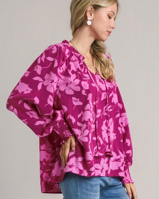 Plus Size Magenta Berry Mix Floral Print Long Sleeve Smock Ruffle Open Tie Neck Top
