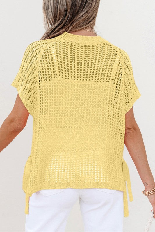 Soft Yellow Hollowed Out Side Tie Short Sleeve Knit Top