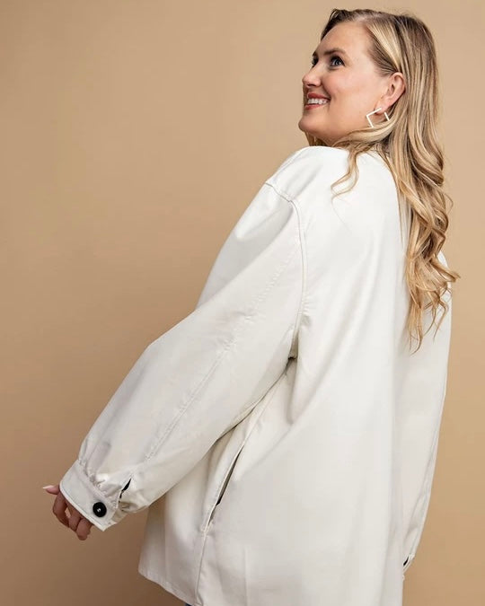 Plus Size White Faux Leather Button Down Side Pockets Jacket